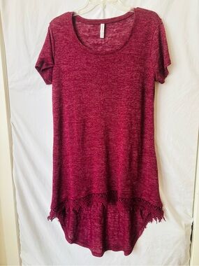 Comfort Casual High Low Lace Hem Boho Cottage T-Shirt Dress Red Wine